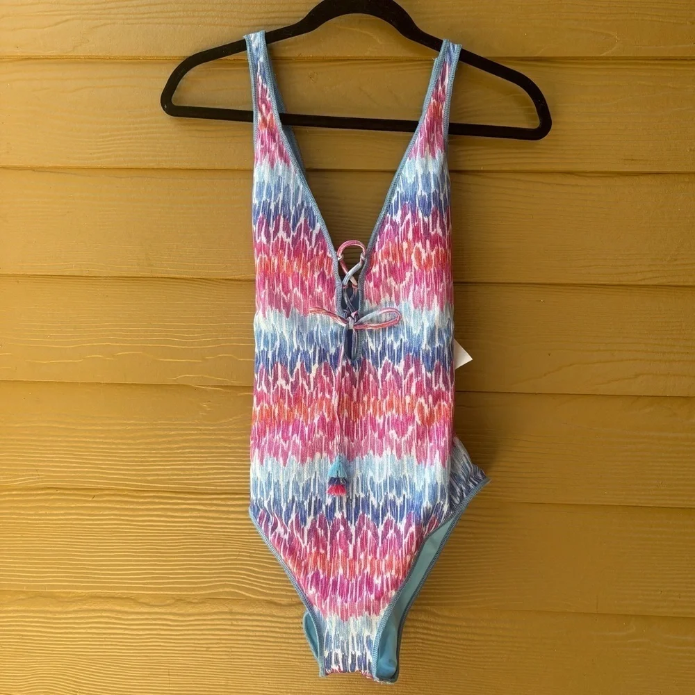 Becca Joshua Tree Corset One Piece Swimsuit In Multi Blue NWT Size Large